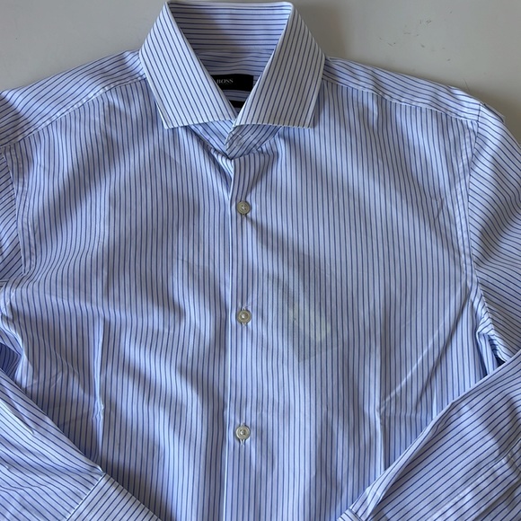 Boss Hugo Boss Dress Shirt Sharp Fit Blue White Stripe 15 32/33 New - Picture 9 of 12